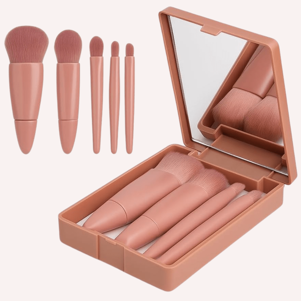 kit pincéis maquiagem profissional 5 peças com estojo e espelho